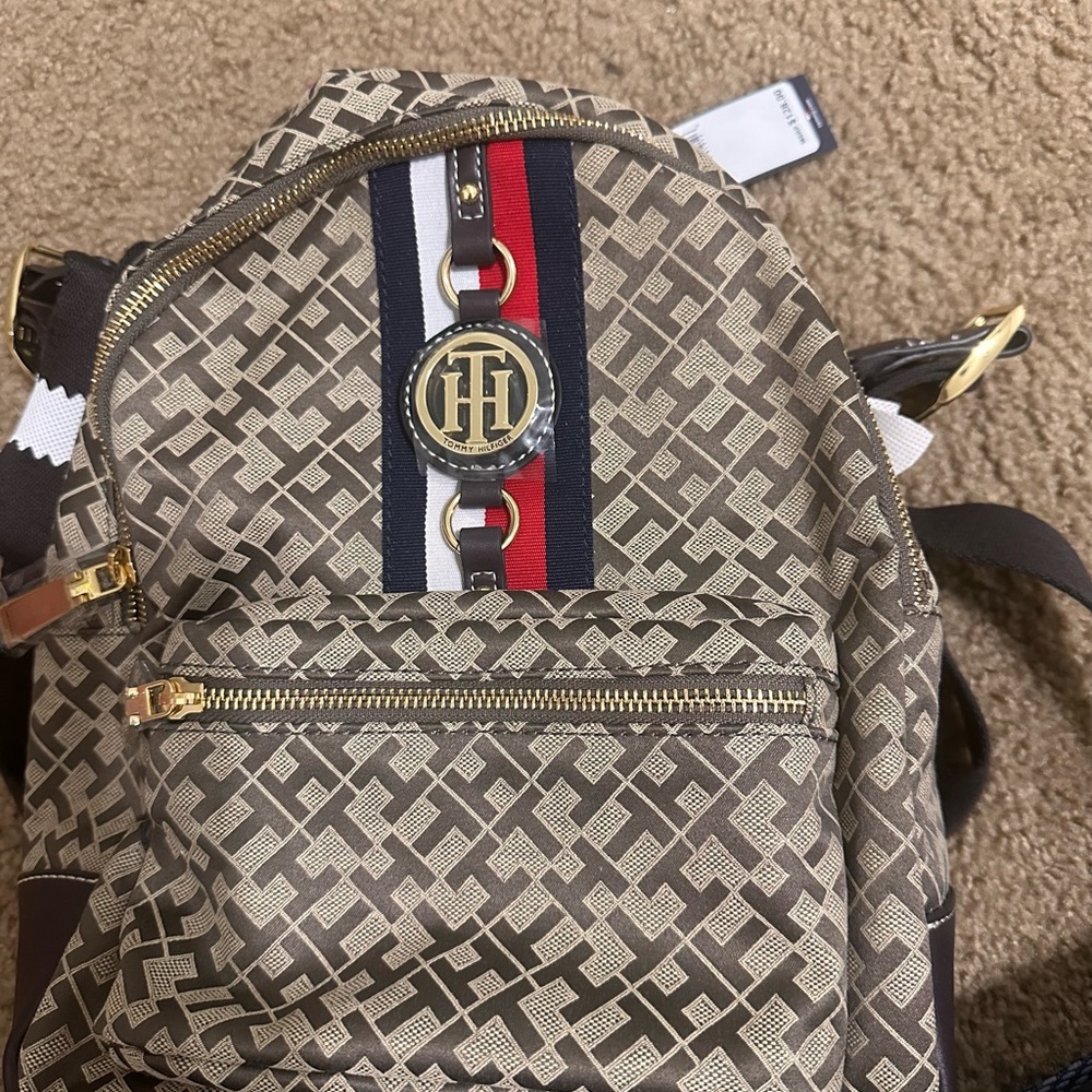 Tommy Hilfiger Geometric Pattern Backpack in Brown and Red